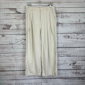 Womens VTG 90s GAP Linen Wide Leg Pleated High Rise Trouser Pants Beige Khaki 12